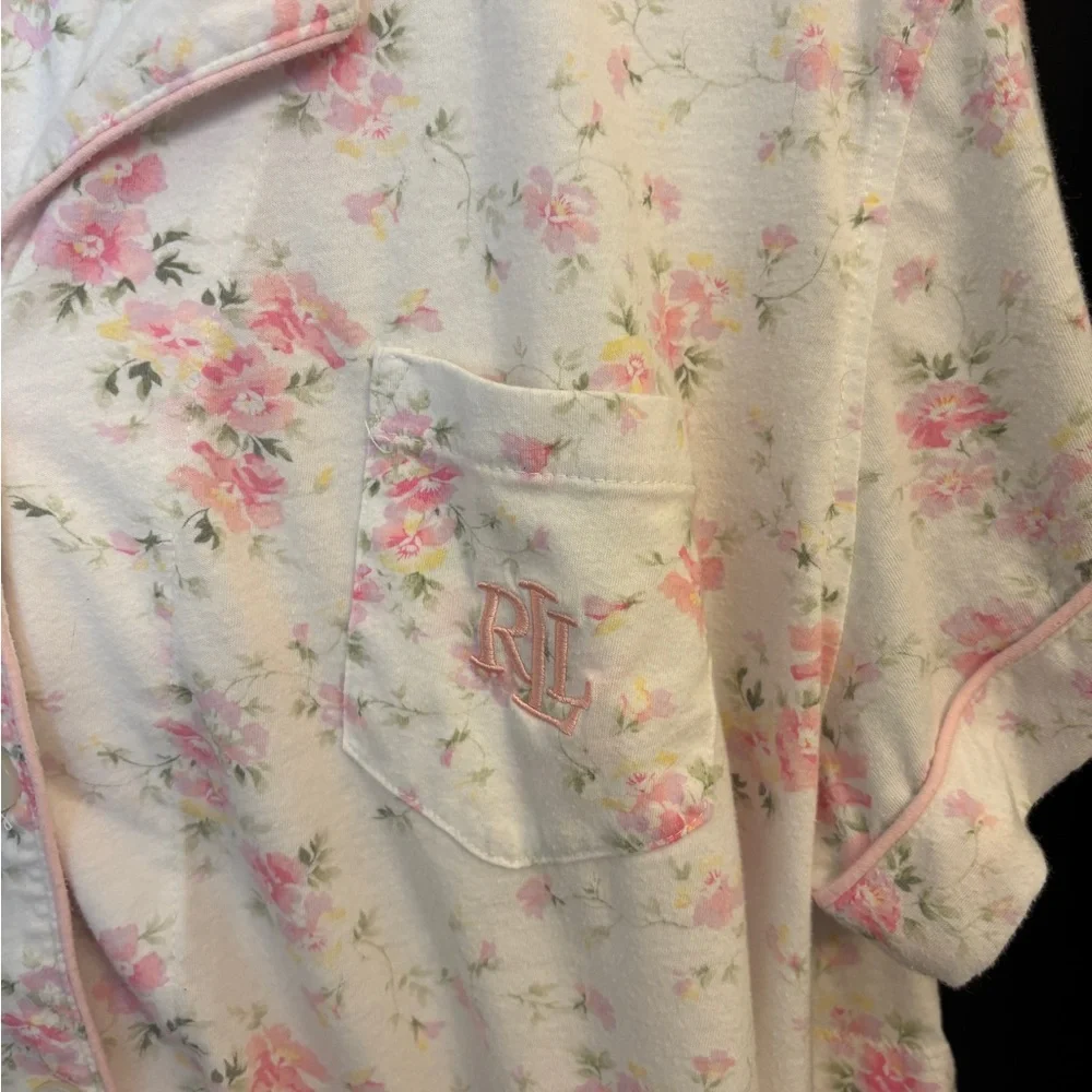 Lauren Ralph Lauren Ivory & Pink Floral Pajama Set Women’s XL Knit Button Up - Picture 4 of 13